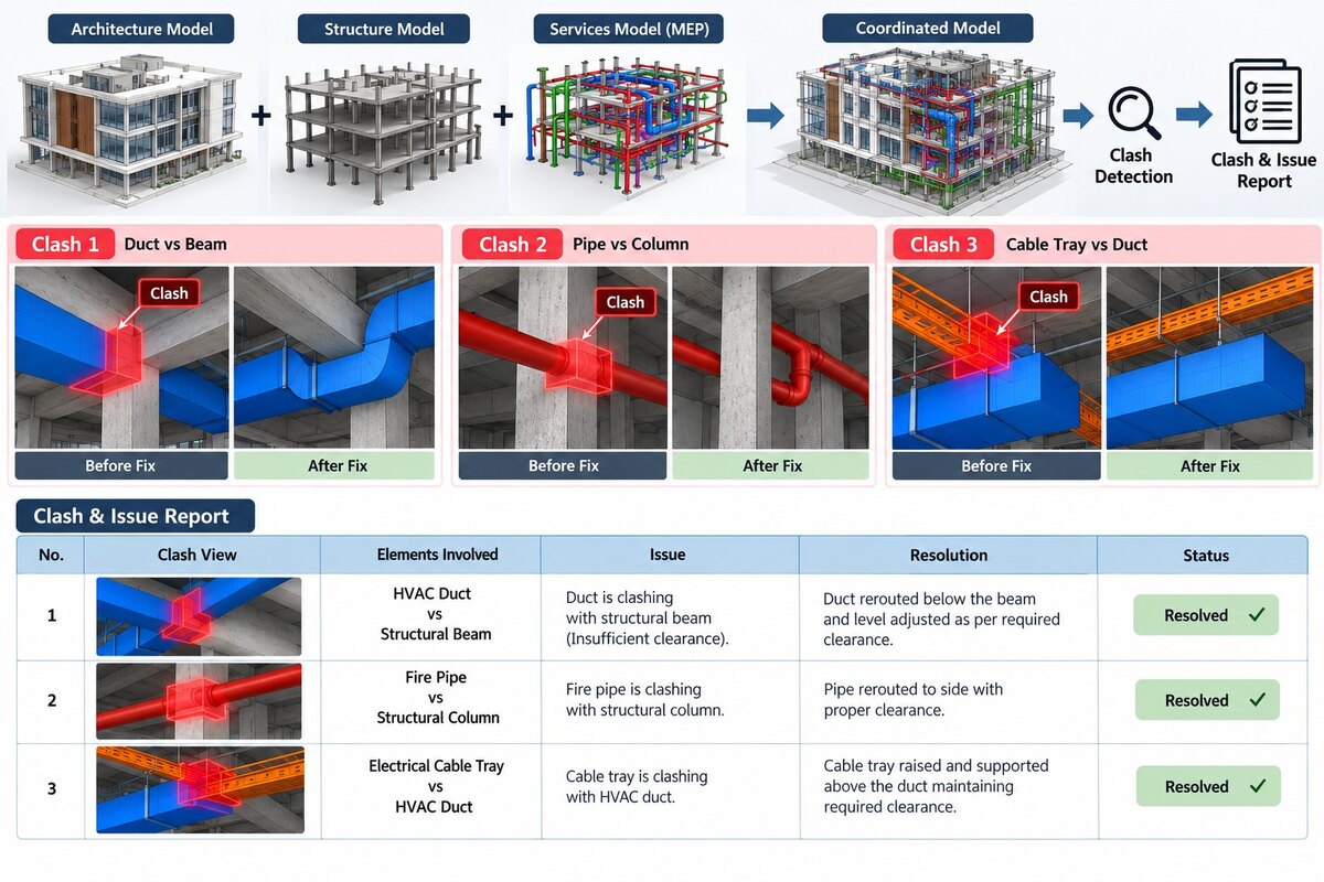 Illustration of a clash and issue report: duct, pipe and cable tray clashes shown before and after the fix, with each issue logged as resolved