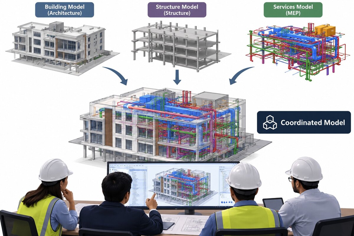 Illustration of architecture, structure and MEP services models combined into one coordinated building model, reviewed on screen by a project team