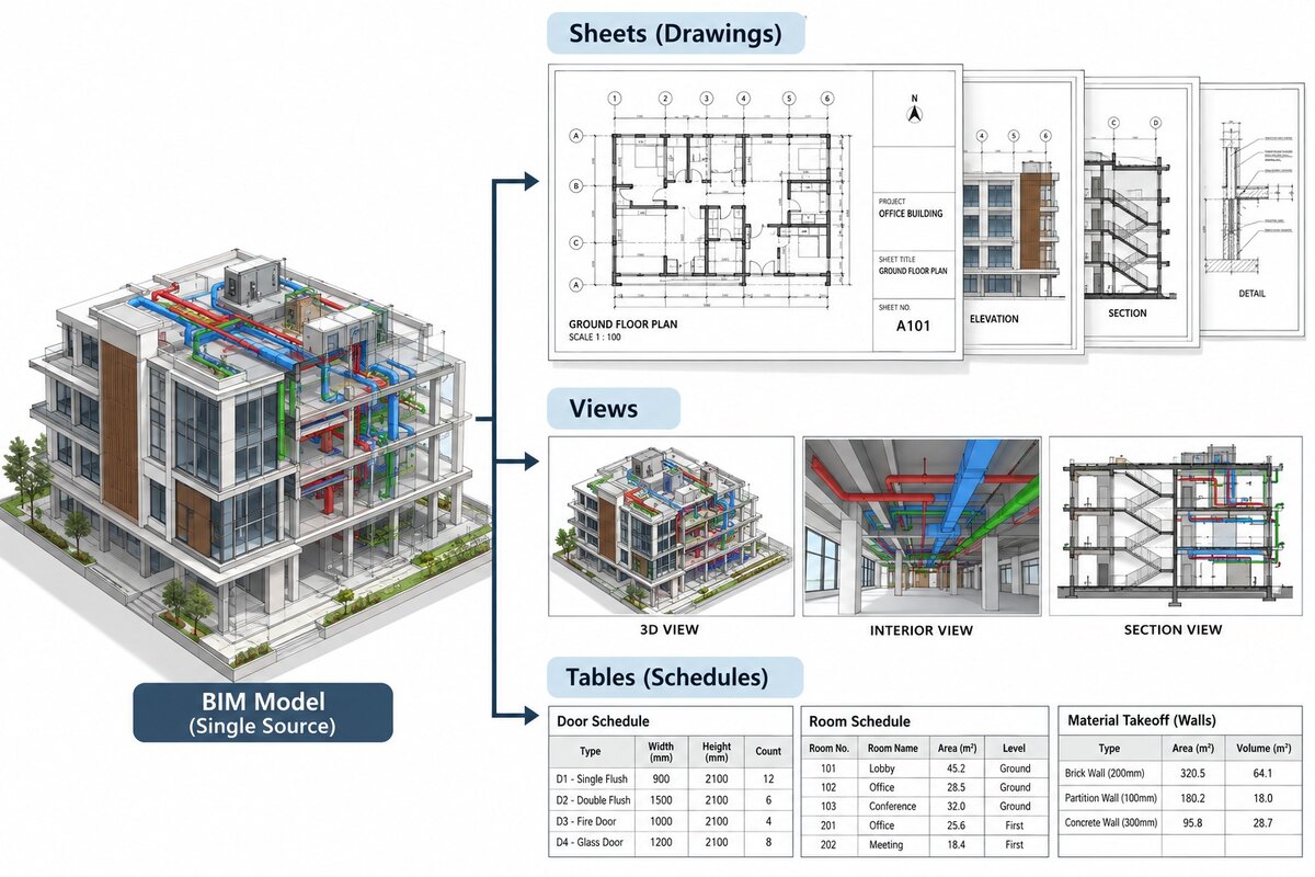 Illustration of one BIM model producing drawing sheets, 3D, interior and section views, and door, room and material schedules