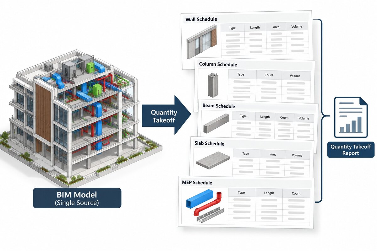 Illustration of a quantity takeoff: wall, column, beam, slab and MEP schedules extracted from one BIM model into a quantity report