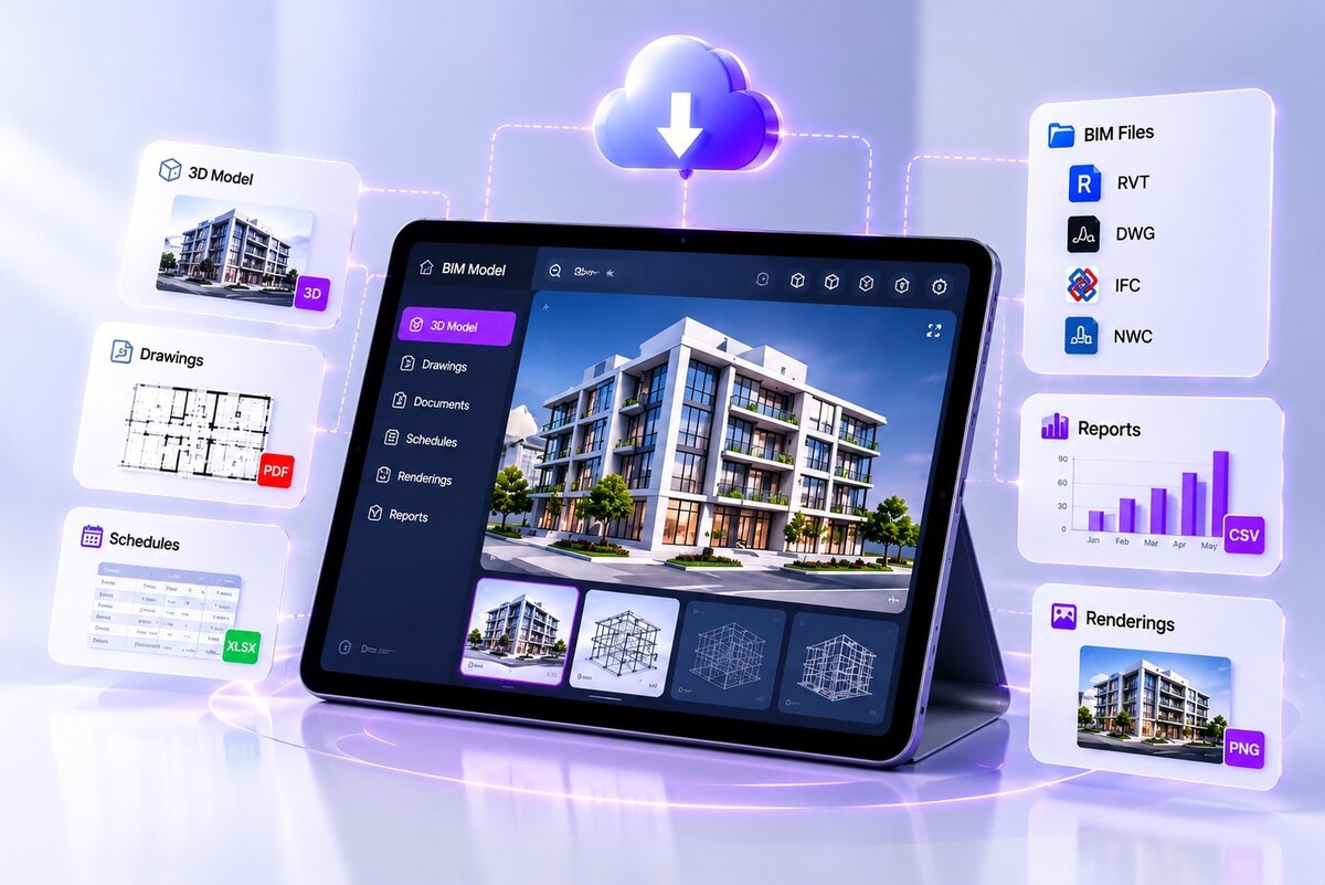 Illustration of a tablet showing the finished BIM model, surrounded by the handover files: 3D model, PDF drawings, XLSX schedules, CSV reports, PNG renderings and RVT, DWG, IFC and NWC model files